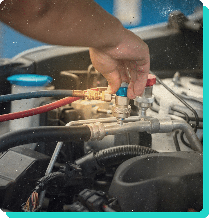 Image of a mechanics hand fastening auto air conditioner repair machine on car a/c system.