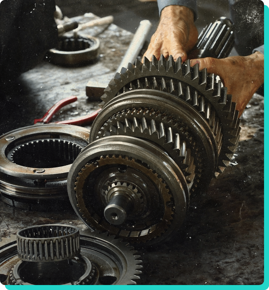 Transmission services and repair in Wells, VT with Thomas' Auto Repair. Image of transmission gears from mechanic taking apart for services.