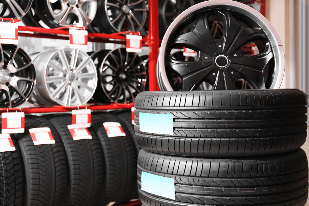 Tires and Wheel Alignment in Wells VT At Thomas Auto RepairImage Stack of new performance tires topped with a black custom rim in front of a tire rack